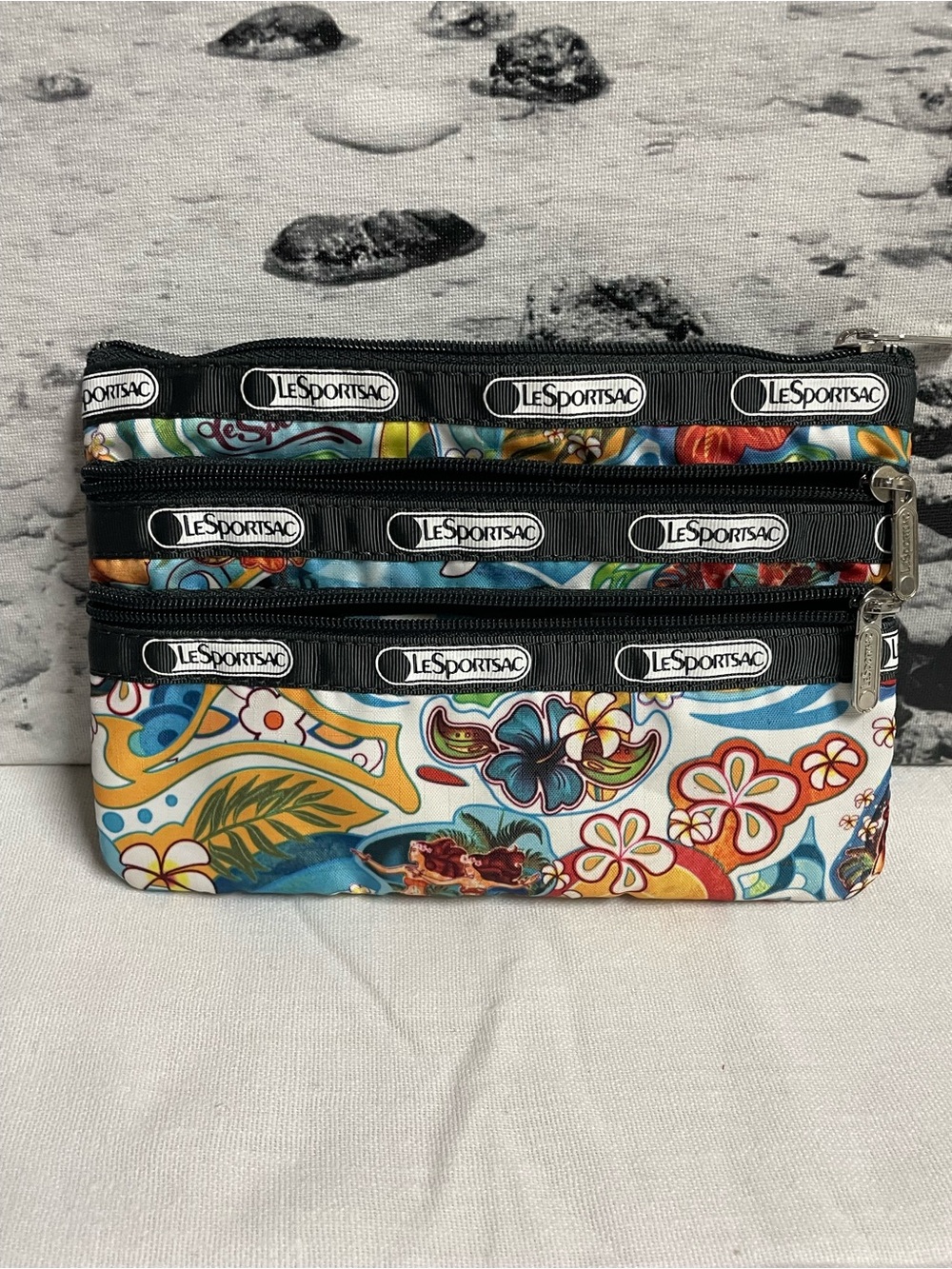 LeSportsac Surf theme Triple Zip Cosmetic Pouch